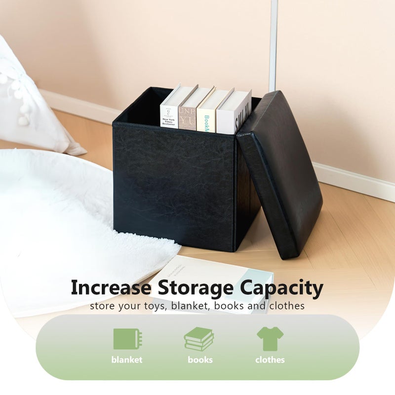 B FSOBEIIALEO Folding Storage Ottoman Cube with Faux Leather for Living Room, Bedroom, Home Office, Dorm Storage Footrest Black 11.8"x11.8"x11.8" - Image 2